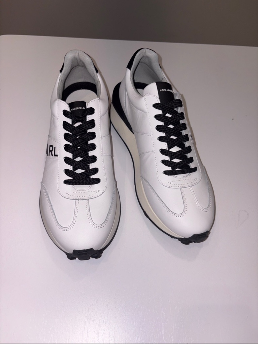 Karl Lagerfeld White and Black Low-Top Leather Sneakers